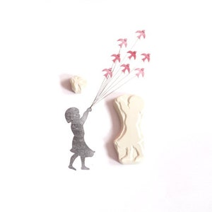 Girl with bird stamp set , hand carved, image 2