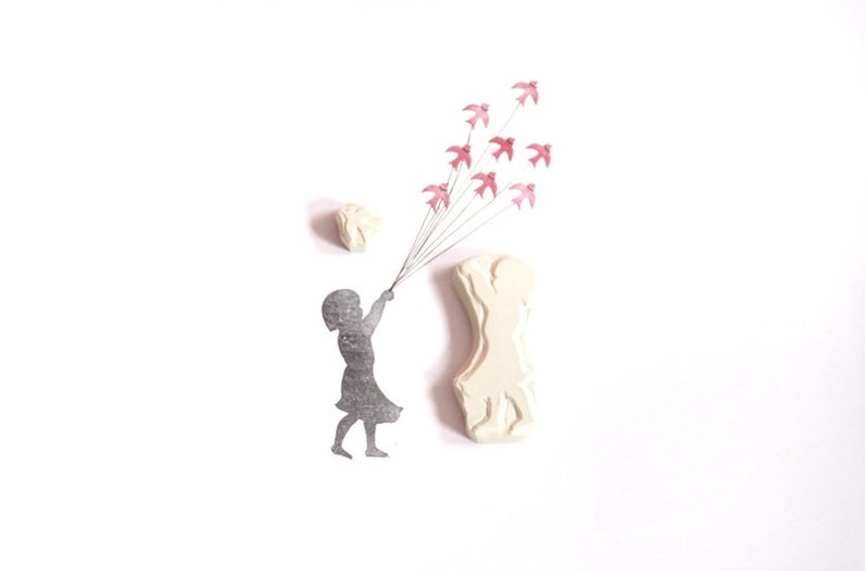 Girl with bird stamp set , hand carved, image 2