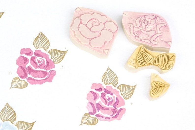 Roses set, rubber stamp, hand carved image 1