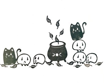 Halloween, stamp set, cat, skull, cauldron, herbs, hand-carved, 6 pieces