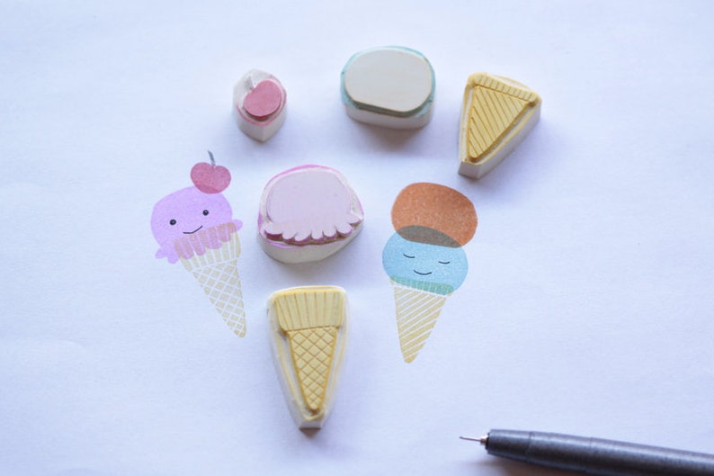 Ice cream cone , ice cream, carved rubber stamps image 1