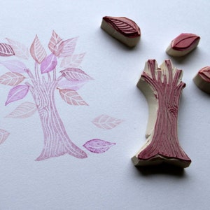 Tree and Leaves stamp, hand carved image 2