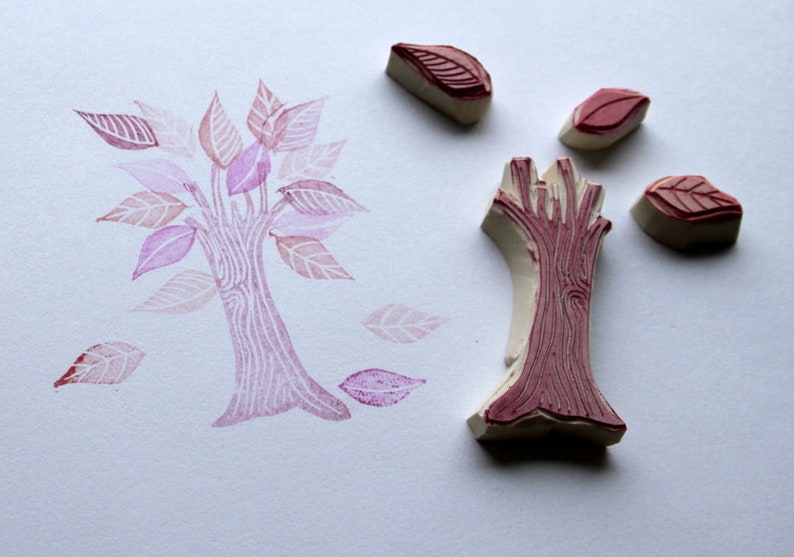 Tree and Leaves stamp, hand carved image 2