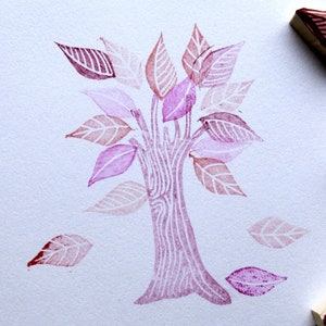 Tree and Leaves stamp, hand carved image 1