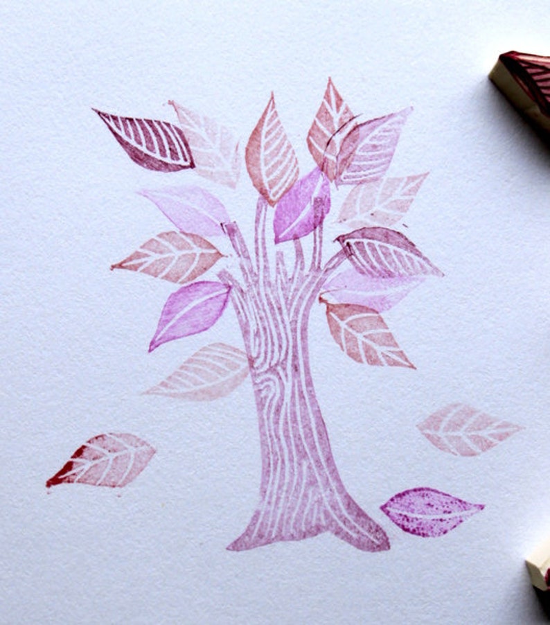 Tree and Leaves stamp, hand carved image 1