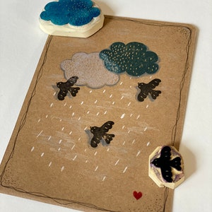 Stempel Vogel fliegend, Stempel Bullet Journal, Vogel in den Wolken Stempelset, handgeschnitzt