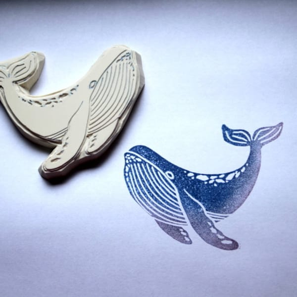 large whale, stamp, hand carved,