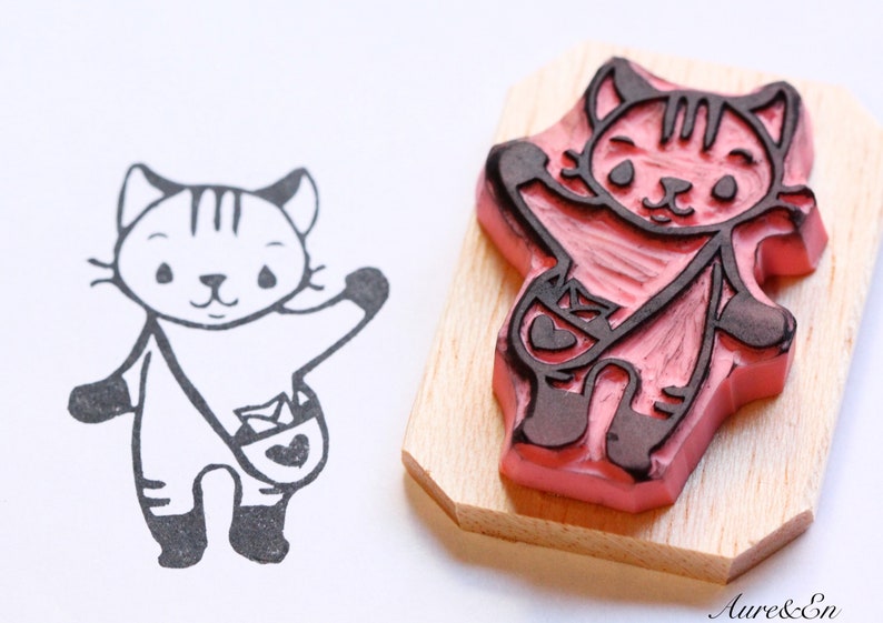 Cat stamp, mail, hand carved image 2
