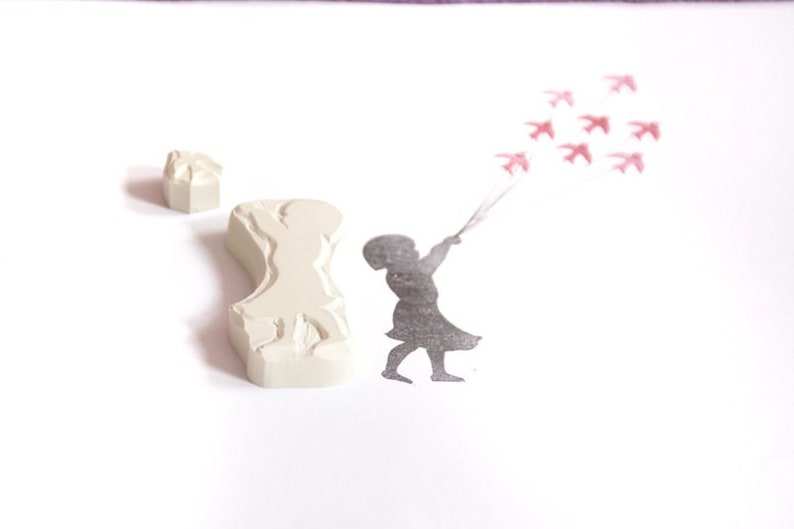 Girl with bird stamp set , hand carved, image 4