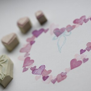 Hearts and ribbons set hand carved stamp image 1