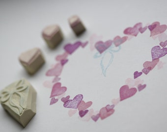 Hearts and ribbons set hand carved stamp
