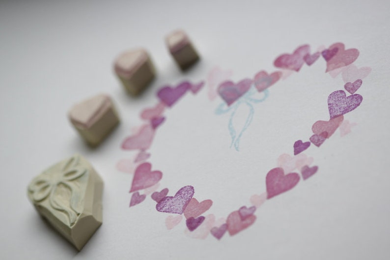 Hearts and ribbons set hand carved stamp image 1