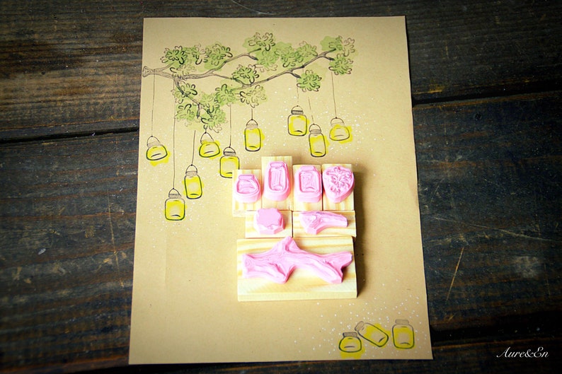 Fireflies Tree Stamp Set, hand-carved image 3