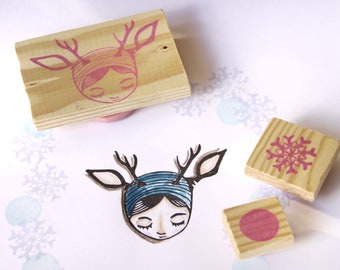 Deer child + snowflake set, hand-carved