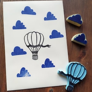 Heißluftballon in den Wolken, handgeschnitztes Stempelset, 3 teilig, montiert