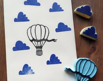 Hot air balloon in the clouds, hand-carved stamp set, 3 pieces, mounted