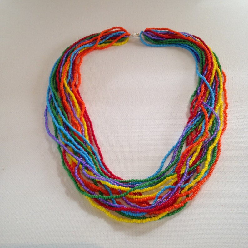 Rainbow necklace,colorful necklace,statement necklace layering necklace,cheerful necklace,multistrand necklace,seed beaded necklace