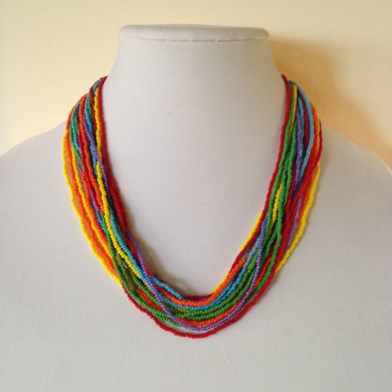 Rainbow necklace,colorful necklace,statement necklace layering necklace,cheerful necklace,multistrand necklace,seed beaded necklace