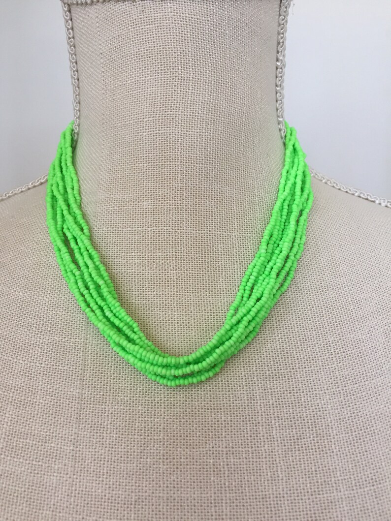 boho chic jewelry,layering necklace,modern necklace,seed beaded jewelry,gift for her Neon green,beaded necklace,multistrand necklace