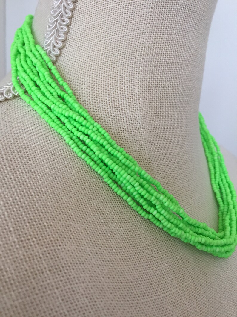 boho chic jewelry,layering necklace,modern necklace,seed beaded jewelry,gift for her Neon green,beaded necklace,multistrand necklace