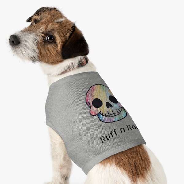 Ruff n Roll Dog Punk Rock Heavy Metal Pet Tank Top, Rainbow Goth Skull Pet Clothes