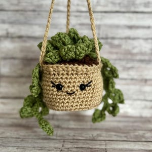 May include: A crocheted hanging planter with a smiling face, filled with green crocheted succulents. The planter is a light tan colour, with black eyes and a stitched smile. The hanging cord is a natural fibre.