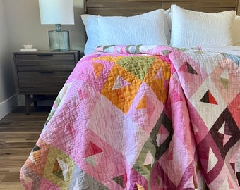 KING, QUEEN, FULL or Twin Size Handmade Modern Pink Geometric Patterned Whole Cloth Quilt