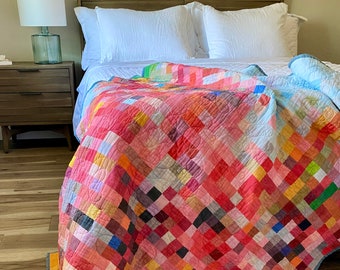 Handmade Mid Century Modern Quilt, Midcentury Minimalist Whole Cloth Blanket, Contemporary Mosaic Throw