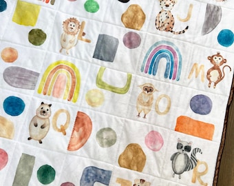 Scandinavian Minimalist Animal Baby Quilt, Handmade Waldorf Alphabet Minky Blanket, Modern Cottagecore Nursery Boho Neutral Theme, Retro 70s