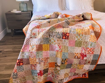 Handmade Vintage Patchwork Pattern Whole Cloth Quilt, Midcentury Modern Decor, Boho Cottagecore Aesthetic, 70s Retro Bedroom Bedding