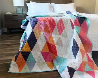 Handmade Mid Century Modern Quilt, Geometric Triangles Contemporary Whole Cloth Quilted Blanket, Midcentury Room Decor