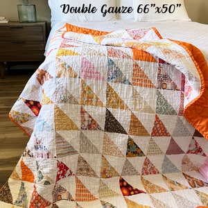 Handmade Vintage Half-Square Triangles Whole Cloth Quilt, Midcentury Modern Decor, Boho Cottagecore Aesthetic, 70s Bedroom Bedding image 4