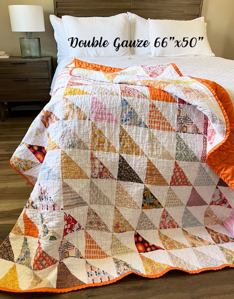 Handmade Vintage Half-Square Triangles Whole Cloth Quilt, Midcentury Modern Decor, Boho Cottagecore Aesthetic, 70s Bedroom Bedding image 4