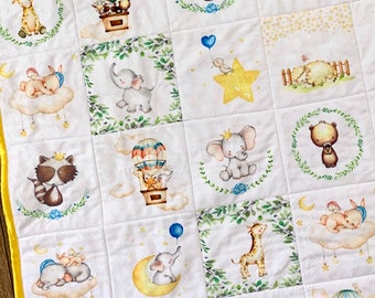 Handmade Woodland Animals Baby Quilt, Goodnight Moon Nursery Blanket Elephant Giraffe Bear, Forest Night Sky, Clouds Decor Room Ideas Gift