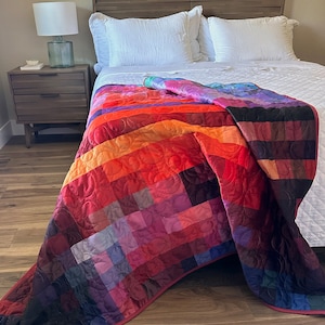 Handmade Sunset Quilt, Midcentury Modern Whole Cloth Blanket, Cottagecore Double Gauze Throw, Maximalist Aesthetic Decor, Ready To Ship image 1