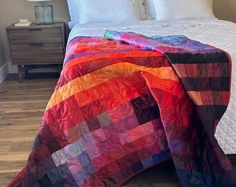 Handmade Sunset Quilt, Midcentury Modern Whole Cloth Blanket, Cottagecore Double Gauze Throw, Maximalist Aesthetic Decor, Ready To Ship