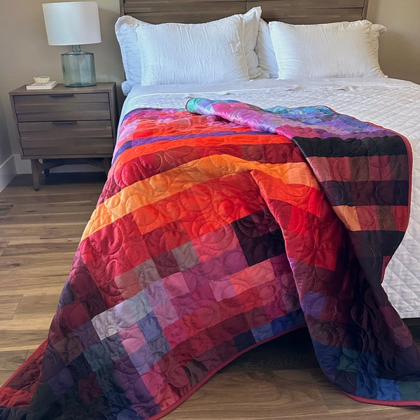 Handmade Sunset Quilt, Midcentury Modern Whole Cloth Blanket, Cottagecore Double Gauze Throw, Maximalist Aesthetic Decor, Ready To Ship