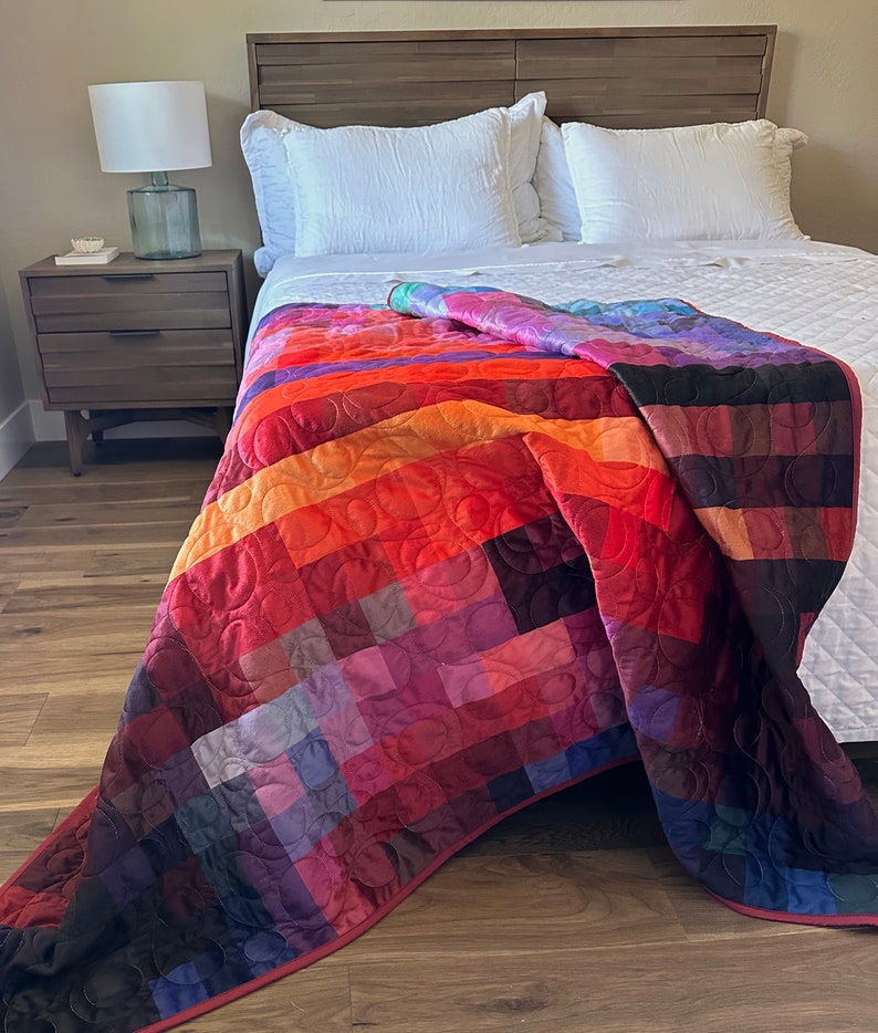 Handmade Sunset Quilt, Midcentury Modern Whole Cloth Blanket, Cottagecore Double Gauze Throw, Maximalist Aesthetic Decor, Ready To Ship image 1