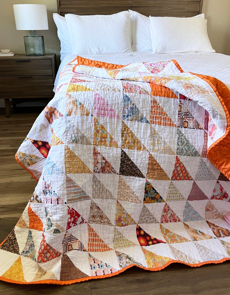 Handmade Vintage Half-Square Triangles Whole Cloth Quilt, Midcentury Modern Decor, Boho Cottagecore Aesthetic, 70s Bedroom Bedding image 1