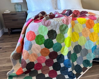 Handmade Midcentury Modern Quilt, Minimalist Snowball Double Gauze or Madras Blanket, Custom Order