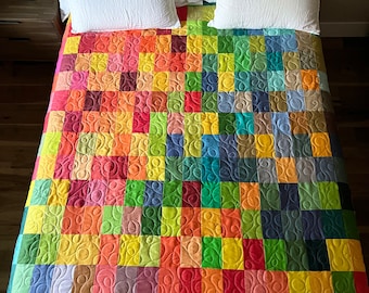 KING, QUEEN, FULL or Twin Size Handmade Midcentury Modern Rainbow Quilt, Custom Order