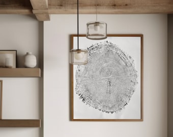 Giant Oak from Illinois, Tree ring art, oak tree art, hand pressed woodblock print, illinois tree