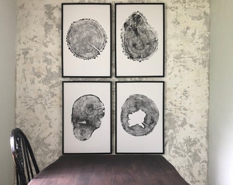 Tree Stump Art Prints, Set of Four Large 24x36 inch Tree Ring Prints, Tree ring prints from Utah, Minnesota, Iowa, and Washington