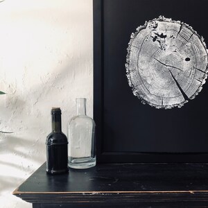 May include: A black dresser with eight drawers and wooden knobs. The dresser has a distressed finish and is topped with a framed black and white print of a tree ring. Two glass bottles are on the dresser.