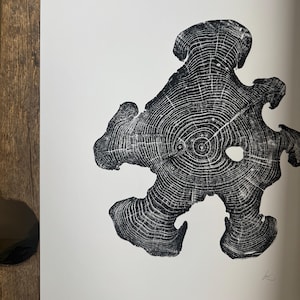 May include: Black and white print of a tree cross-section, showcasing detailed growth rings and a unique, irregular shape. The print is on white paper, with a small signature in the lower right corner. The artwork is a study in natural forms.