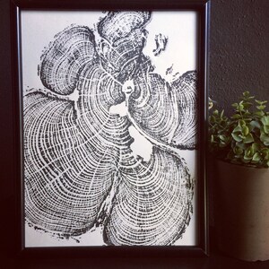 May include: Black and white print of a tree's cross-section, showing the rings of growth. The print is framed in a black frame and is displayed on a black surface.