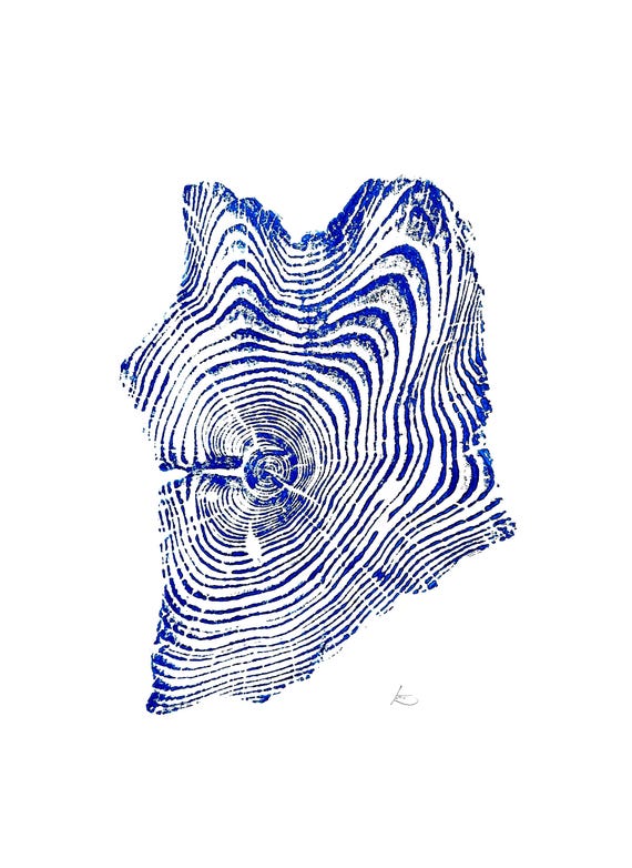 Wyoming Yellowstone, Tree ring art Print, Woodcut Art, Blue Tree ring art print, Real tree print, woodcut art, nature lover gift