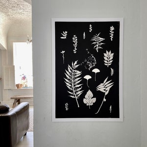 Herb wall art, hand pressed botanicals from herbs and leaves, Black botanical monoprint, 24x36 inch botanicals, Plant wall art, collage
