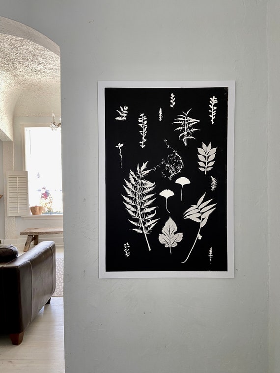 Herb wall art, hand pressed botanicals from herbs and leaves, Black botanical monoprint, 24x36 inch botanicals, Plant wall art, collage