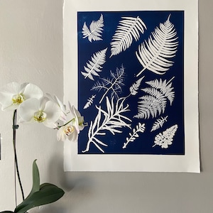 Blue Ferns wall art, hand pressed botanicals from ferns and leaves, Blue botanical monoprint, 18x24 inch botanicals, Fern wall art